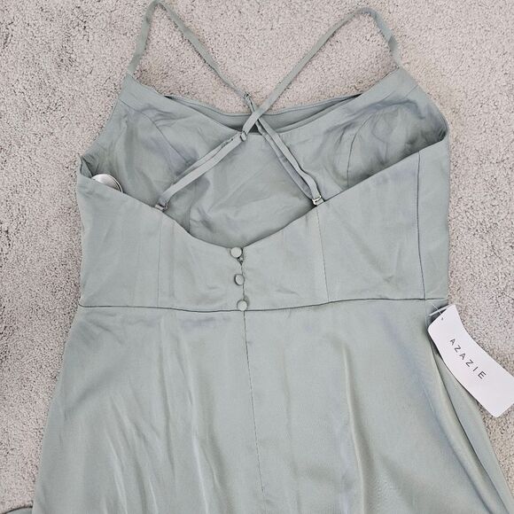 NWT Azazie Naomie Agave A-Line Cowl Neckline Side Slit Stretch Satin Dress, A14 - Picture 6 of 12